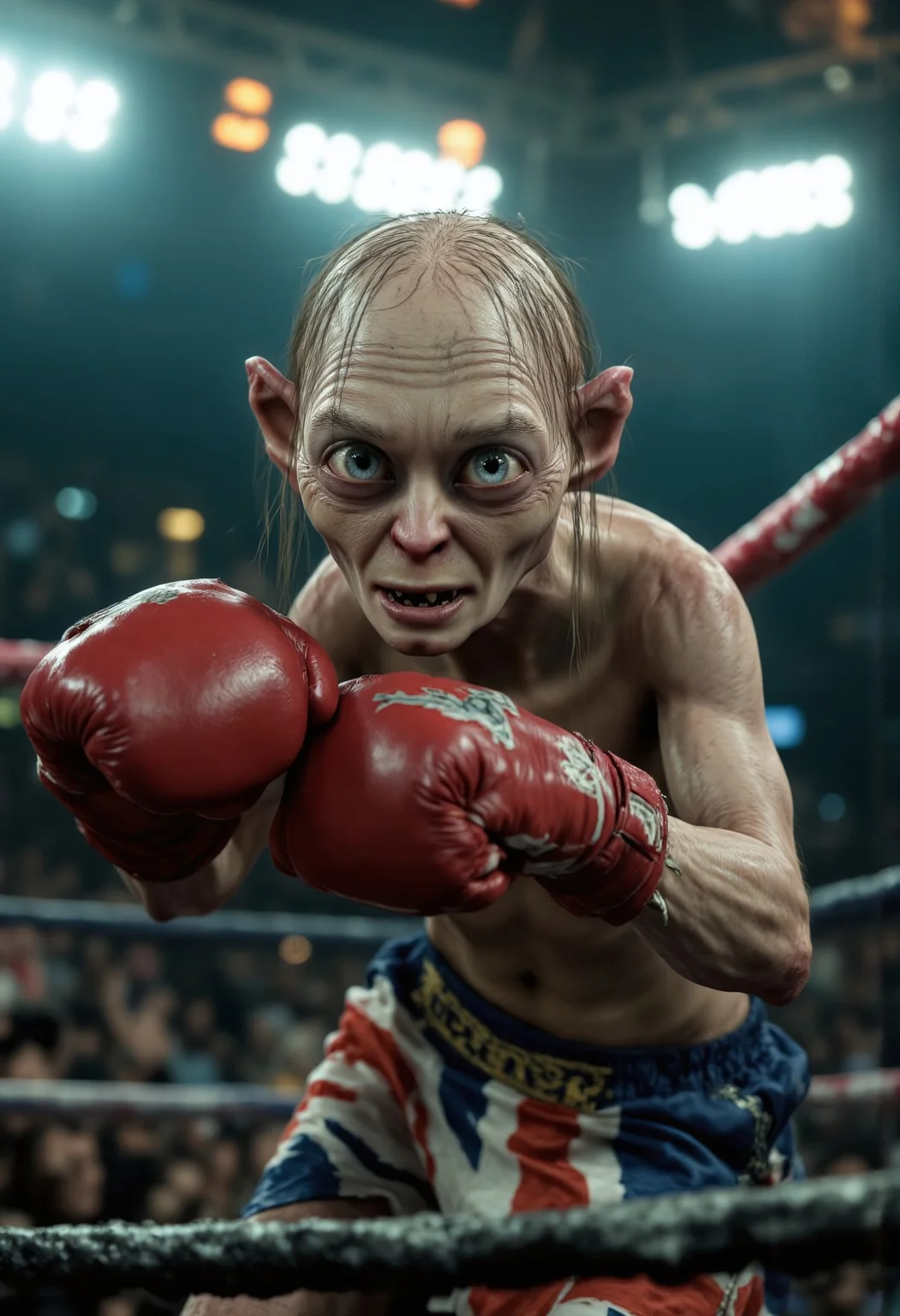 A photorealistic image of a very skinny Smeagol from "The Lord of the Rings," standing in a professional boxing ring. The focus is up close, capturing his wiry frame and sharp features. He is wearing boxing shorts patterned with the Great Britain flag and red boxing gloves. His hands are raised in a fighting stance, carefully covering his torso to maintain a PG-appropriate look. The scene is dynamic and intense, with bright arena lights highlighting every detail, from the glisten of sweat on his skin to the texture of the boxing gloves. Behind him, the blurred excitement of a cheering crowd and a large Jumbotron display add depth and energy to the composition