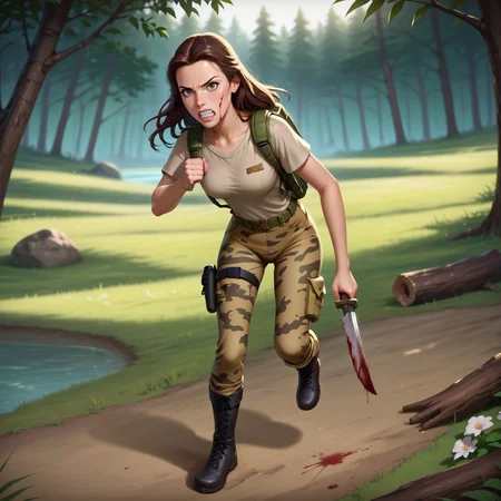 score_9, score_8_up, score_7_up, score_6_up, score_5_up, score_4_up, 1girl, solo, Belle, camo t-shirt, camo pants, long pants, combat boots, military attire, tactical equipment, thigh holster, backpack, forest, (running:1.2) at viewer, attacking, log, grass, river, angry look, teeth, combat knife, fists, bloody knife, <lora:Belle_Beauty_and_the_Beast_for_PONY_V3_by_Foxie_Queen:0.7>