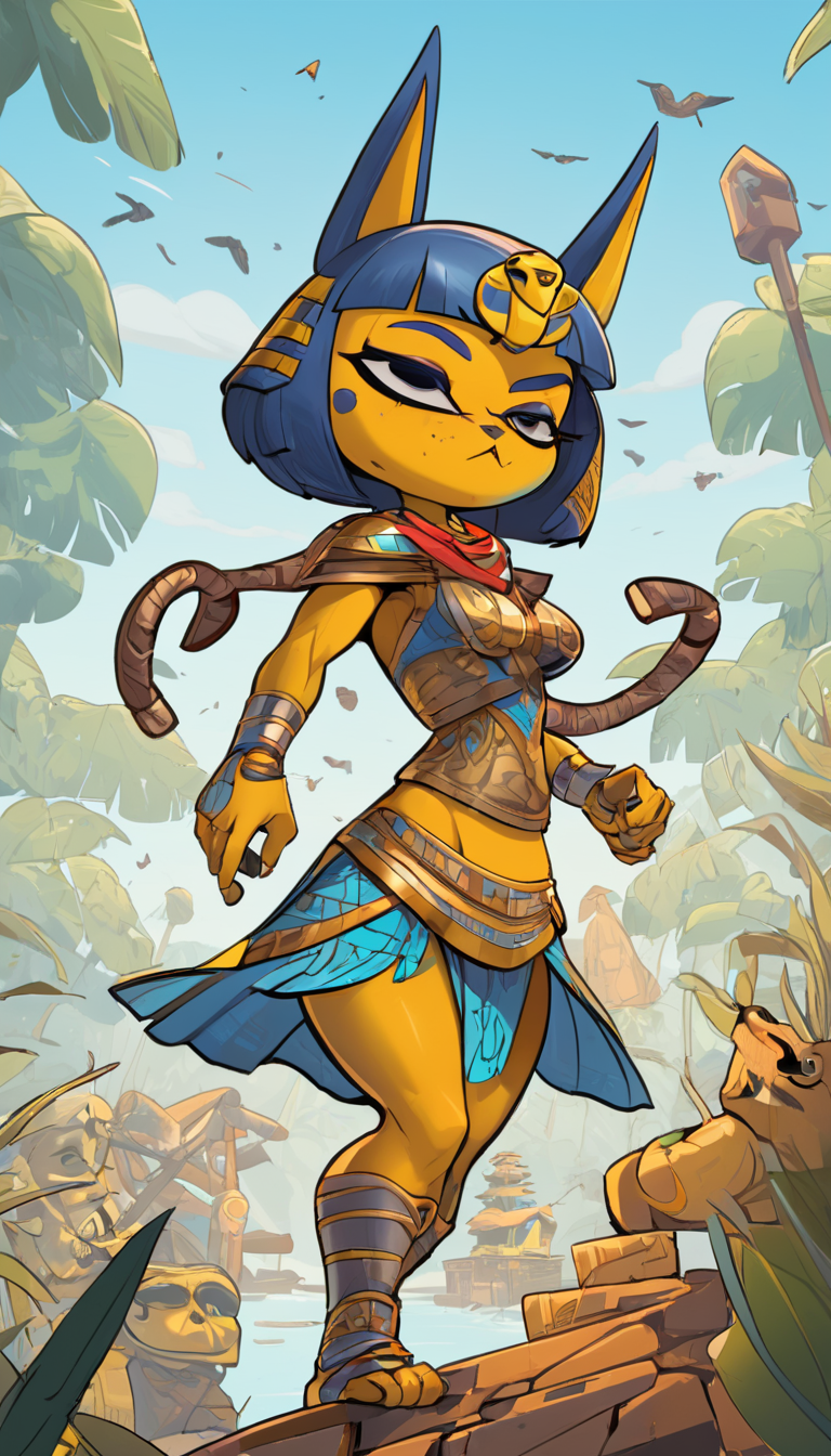 Indie game art,( Cinematic scene, hero view, Ankha, Animal Crossing <lora:ankha_v0.0.1:1>, action pose, nature, detailed background, masterpiece, best quality, high quality, absurdres), (Vector Art, Borderlands style, Arcane style, Cartoon style), Line art, Disctinct features, Hand drawn, Technical illustration, Graphic design, Vector graphics, High contrast, Precision artwork, Linear compositions, Scalable artwork, Digital art, cinematic sensual, Sharp focus, humorous illustration, big depth of field, Masterpiece, trending on artstation, Vivid colors, trending on ArtStation, trending on CGSociety, Intricate, Low Detail, dramatic