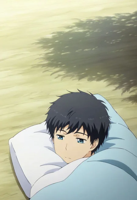 high resolution, solo, best quality, 1Boy, Arata Kaizaki, Black Hair, Blue Eyes, sleep, meadow hills, wind breeze, OverallDetail