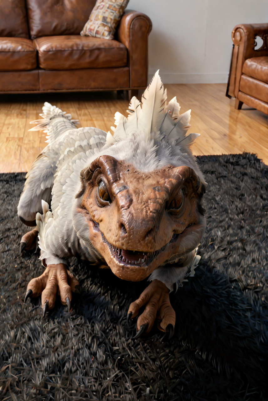source_furry, score_9, score_8_up, score_7_up, (pyroraptor_jwe, dinosaur, feral, chibi, cute), scalie, feathers, detailed feathers, white feathers, grey feathers, multicolored feathers, feathered arms, yellow eyes, slit pupils, detailed eyes, teeth, sharp teeth, claws, digitigrade legs, tail, <lora:JWE_PyroraptorPony:0.8>, indoors, living room, on carpet, ((black carpet)), look at viewer, looking cute, view from above, zPDXL2, zPDXLpg, zPDXLrl, best quality, highly detailed, extreme details, masterpiece, photorealistic, hyperrealistic, ultra realistic, hdr, 4k, uhd, ray tracing, shaded