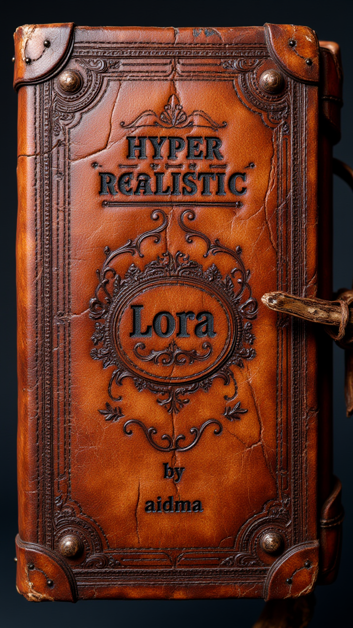 A worn leather book with intricate stitching and texture, with the title:"Hyper Realistic Lora" and the small stitching with text:"by aidma" embossed on the cover, showing every crack and detail of the material. , aidmaHyperrealism