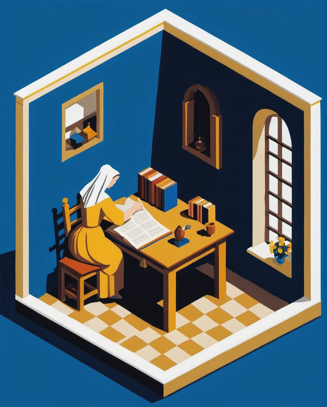 isometric  <lora:IsoPixel_SDXL:1>, a painting of Johannes Vermeer the astronomer and the geographer often depict a person engaged in domestic activities, such as reading, writing, holding a globe, looking at the window. His subjects are typically dressed in elegant clothing and surrounded by luxurious furnishings. However, despite the opulence of his settings, Vermeer's paintings convey a sense of peace and tranquility., isometric style  vibrant, beautiful, crisp, detailed, ultra detailed, intricate