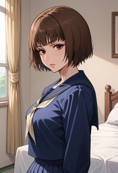 anime artwork, score_9, score_8_up, score_7_up, score_6_up, score_5_up, solo, 20 year old, perfect beautiful face, long eyelashes, (bedroom), medium breasts, wide hips, hips,,1 girl, brown hair, short hair, bangs, brown eyes school uniform, blue serafuku, sailor collar, looking at the viewer, side view