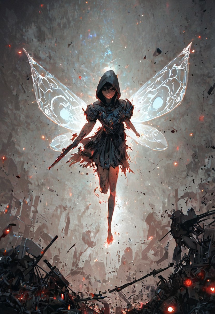 score_9, score_8_up, score_7_up, cinematic photo, dramatic lighting, dynamic pose, fantastic, 
A woman in swirling black and grey high dress clothing with a hood,
((She wields a pair of thin glowing pink blades with an obsidian cross guard)),
(She has uniquely colored and shaped, translucent fairy wings sweeping behind her, with charcoal grey and smoke like elements),  
Her short black hair partially obscures her intense, teal-eyed gaze,
Sparks and ash fly around her in the dimly lit, background of a futuristic spaceship interior, 
Glowing, action, intense, Anime style, high contrast, and saturated colors. <lora:Neon_Splash_Art_for_Pony:1>