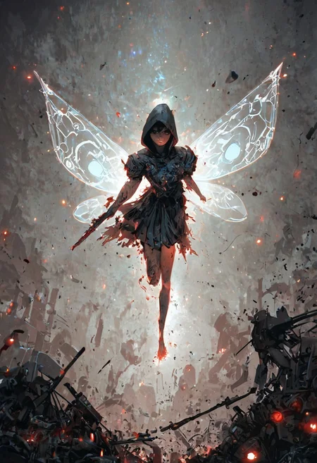 score_9, score_8_up, score_7_up, cinematic photo, dramatic lighting, dynamic pose, fantastic,
A woman in swirling black and grey high dress clothing with a hood,
((She wields a pair of thin glowing pink blades with an obsidian cross guard)),
(She has uniquely colored and shaped, translucent fairy wings sweeping behind her, with charcoal grey and smoke like elements),
Her short black hair partially obscures her intense, teal-eyed gaze,
Sparks and ash fly around her in the dimly lit, background of a futuristic spaceship interior,
Glowing, action, intense, Anime style, high contrast, and saturated colors. <lora:Neon_Splash_Art_for_Pony:1>