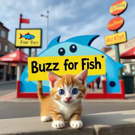 buzz, iconic kitten next to a sign with text "buzz for fish" <lora:buzz-text:.85>