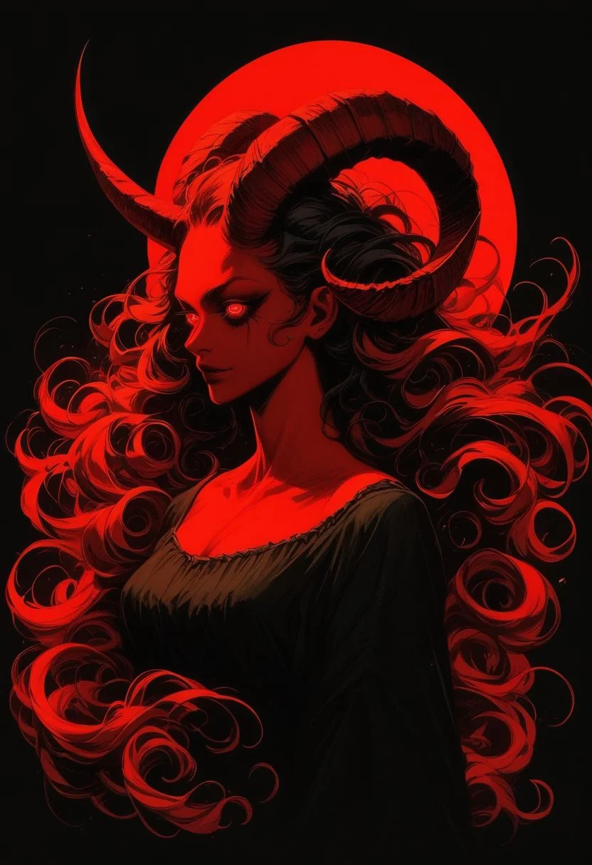 (score_9, score_8_up), score_7_up, zPDXL,
1girl, solo, flowing hair, glowing red eyes, curved ram horns, sharp ears, red skin, demoness, cradling a black sheep, stark white background, limited red palette, monochromatic, eerie atmosphere,
big butt, booty, bubble butt, seductive,
<lora:GRIM_v1:0.9>