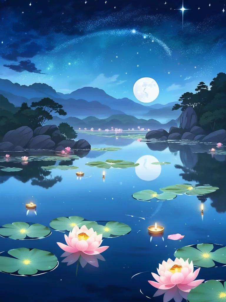 <lora:NatureLandscapePainting01_Hap_XL:1>, hot spring, mist, rocks, Peony, glittery mist, moonlight, sky, lots of stars in the sky, water reflections of the night sky, lotus floating on water with candle, flower petals in the water, moon in the sky, Anime art style,