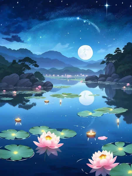 <lora:NatureLandscapePainting01_Hap_XL:1>, hot spring, mist, rocks, Peony, glittery mist, moonlight, sky, lots of stars in the sky, water reflections of the night sky, lotus floating on water with candle, flower petals in the water, moon in the sky, Anime art style,