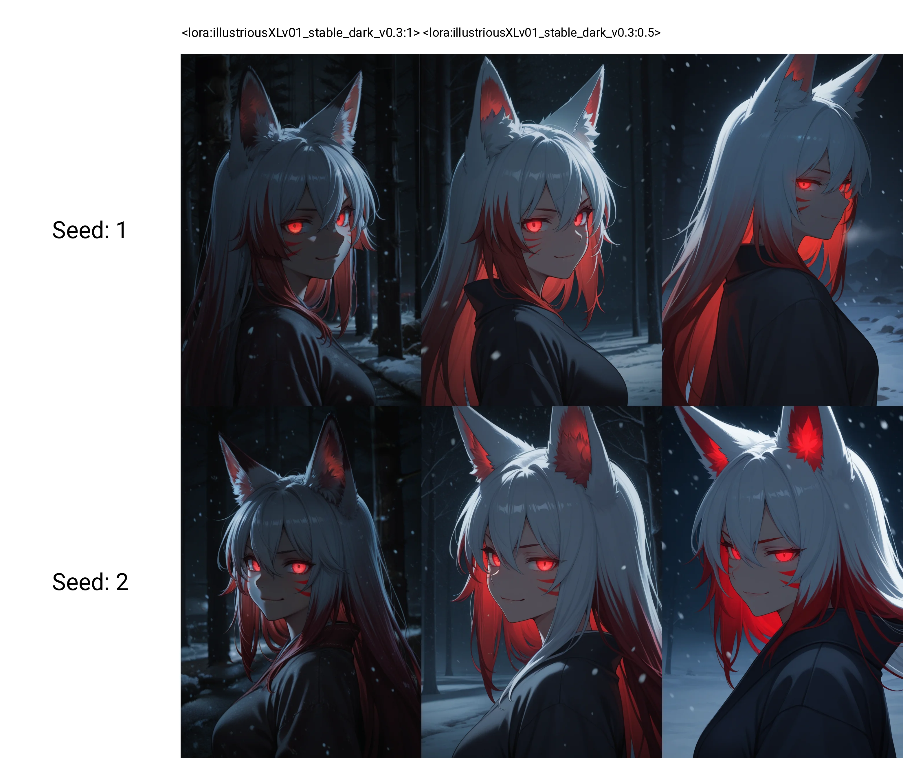 <lora:illustriousXLv01_stable_dark_v0.3:1>1girl,fox ears,red eyes,glowing eyes,white hair,red hair,hair between eyes,closed mouth,multicolored hair,red whisker markings,upper body,looking at viewer,from side,snowing,smirk,night,dark,masterpiece,