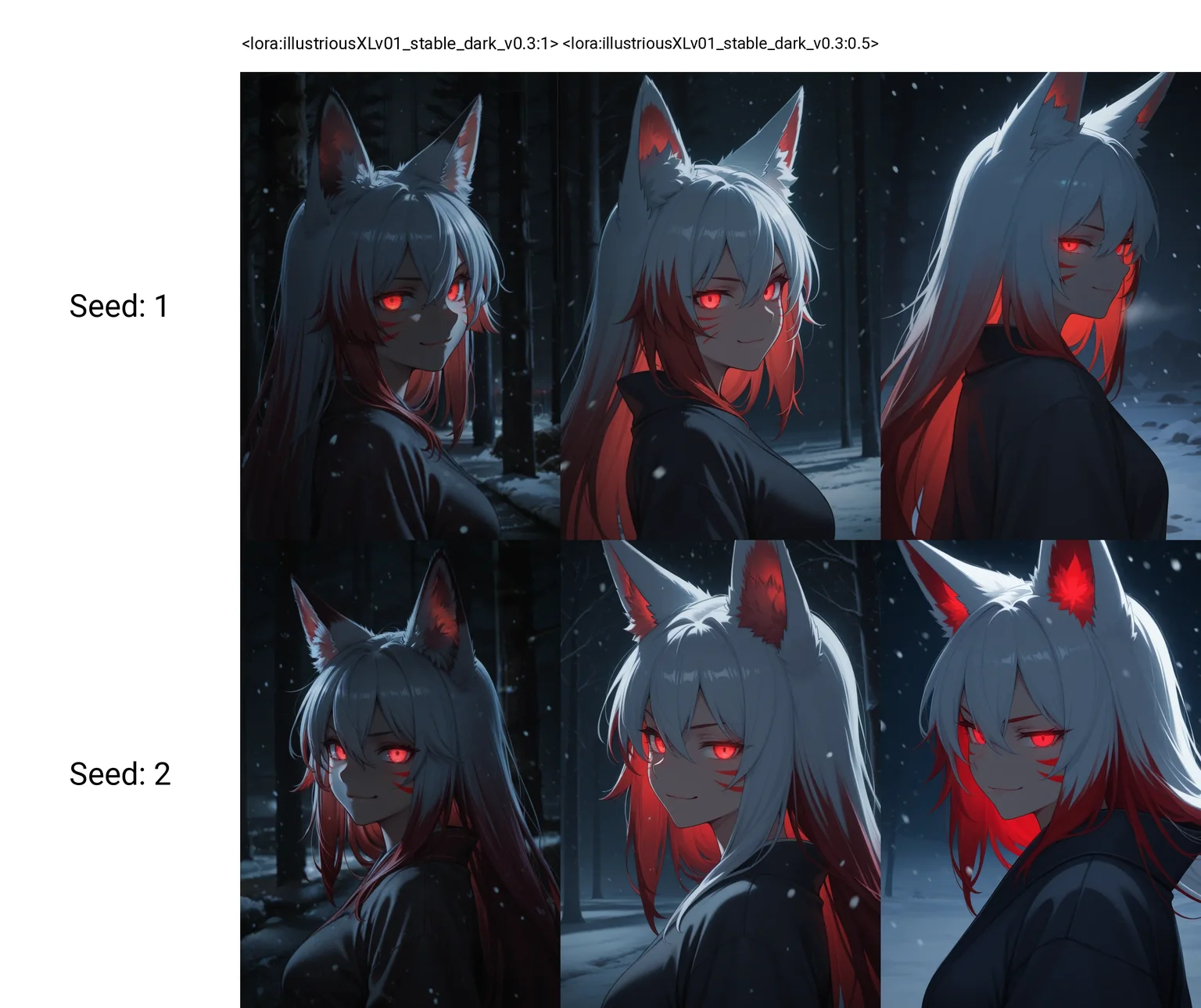 <lora:illustriousXLv01_stable_dark_v0.3:1>1girl,fox ears,red eyes,glowing eyes,white hair,red hair,hair between eyes,closed mouth,multicolored hair,red whisker markings,upper body,looking at viewer,from side,snowing,smirk,night,dark,masterpiece,