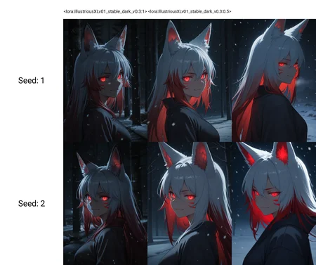 <lora:illustriousXLv01_stable_dark_v0.3:1>1girl,fox ears,red eyes,glowing eyes,white hair,red hair,hair between eyes,closed mouth,multicolored hair,red whisker markings,upper body,looking at viewer,from side,snowing,smirk,night,dark,masterpiece,