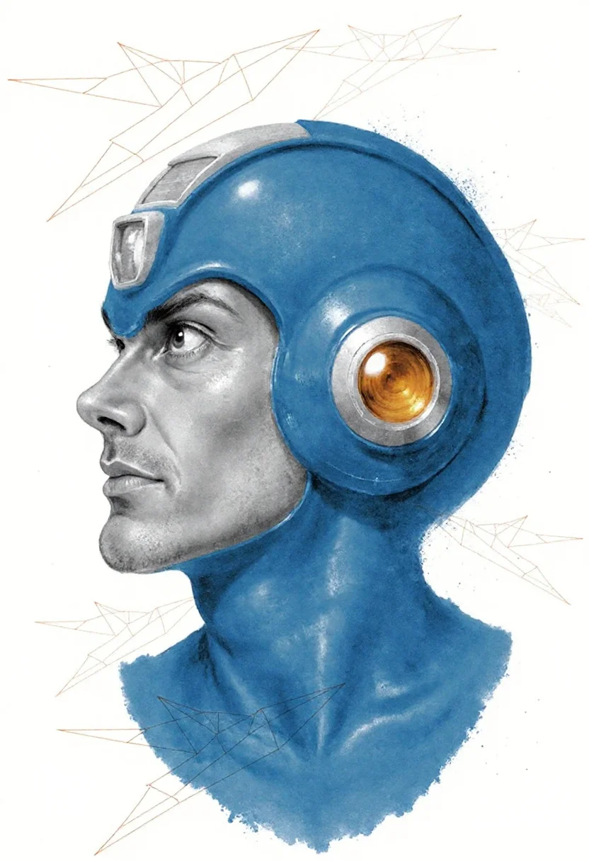 <lora:Acrobatic_Maneuvers_Style_FLUX-000015:0.9>
This image is a digital drawing that combines elements of surrealism and modern art. The central figure is a stylized, three-dimensional representation of Megaman's head, with striking details rendered in various shades of grey and blue.