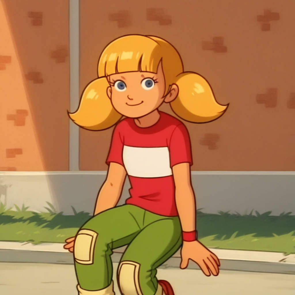 score_9, solo, penny_ig, blonde hair, twintails, red shirt, stripe, knee patch, outdoors, smile