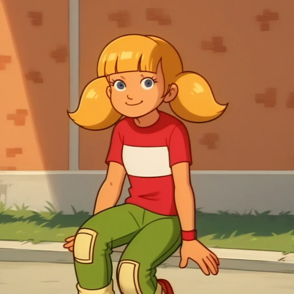 score_9, solo, penny_ig, blonde hair, twintails, red shirt, stripe, knee patch, outdoors, smile
