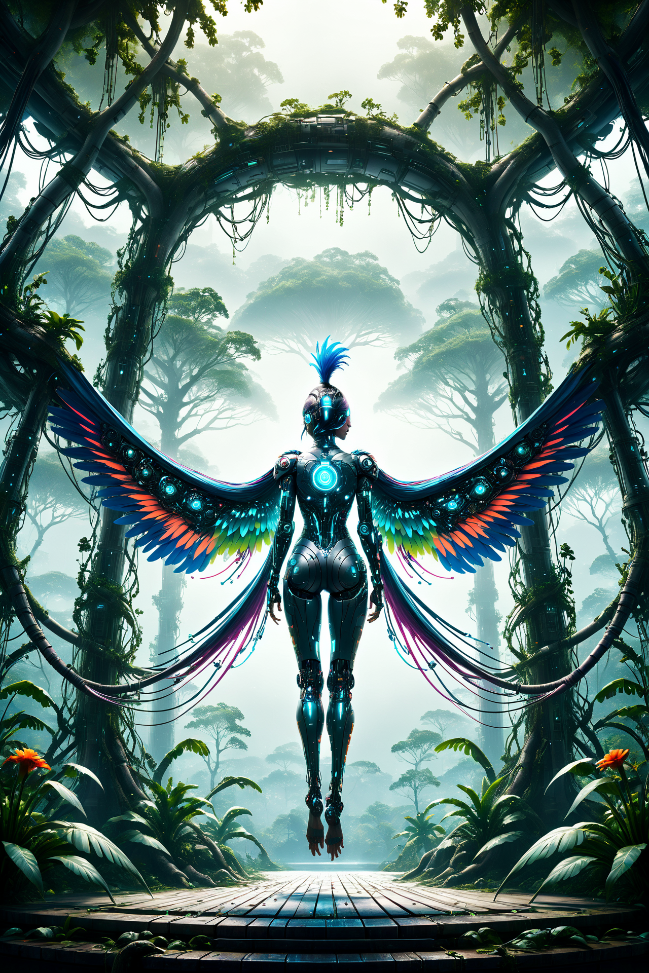 cyberanimals, Imagine a dense and colorful jungle scene, where the rich, lush greenery and  vibrant flowers in a myriad of hues. The overall ambiance of the image is somewhat dark, conveying the depth and mystery of the jungle. However, light rays pierce through the thick canopy above, creating dynamic beams that illuminate patches of the verdant underbrush and floral sea. Perched on a branch within this vivid setting is a cybernetic parrot, its design a stark contrast to the natural surroundings. The parrot's feathers are a striking blend of teal, magenta, and other vivid cyberpunk colors. Its eyes emit a soft, glowing light, adding an otherworldly element to the scene. This juxtaposition of the natural jungle environment with the futuristic, colorful cybernetic parrot creates a unique and visually striking image <lora:Neon_Cyberpunk_SDXL_Cyberanimals:1> ac_neg2 <lora:EnvyZoomSliderXL01:-1>, (masterpiece:1.2), best quality, (hyperdetailed, highest detailed:1.2), high resolution textures, <lora:EnvyBetterHiresFixXL01:1>