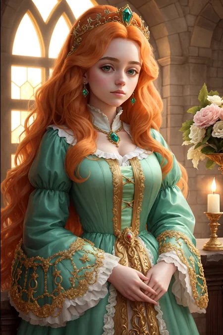 (FollyNobodySD15:0.8) medieval portrait fantasy (royalty:1.1) long [ginger|blonde] wavy hair princess glorious elaborate ornate royal emerald robes tiara gems standing in a detailed luxurious stone castle Game of Thrones Hogwarts bright morning light from window, (masterpiece:1.2) (best quality) (detailed) (intricate) (8k) (HDR) (wallpaper) (cinematic lighting) (sharp focus)