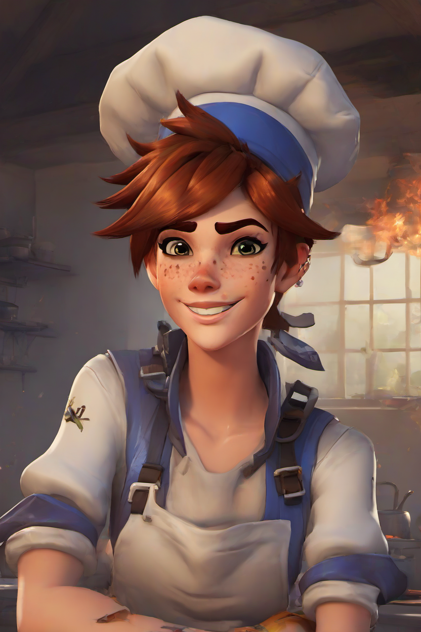 PETracerOW,<lora:PE_TracerOverWatch:1>,
portrait of tracer,freckles,
evil smile,
wearing cook outfit,cooking hat