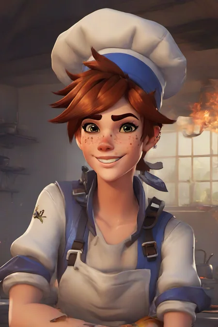 PETracerOW,<lora:PE_TracerOverWatch:1>,
portrait of tracer,freckles,
evil smile,
wearing cook outfit,cooking hat