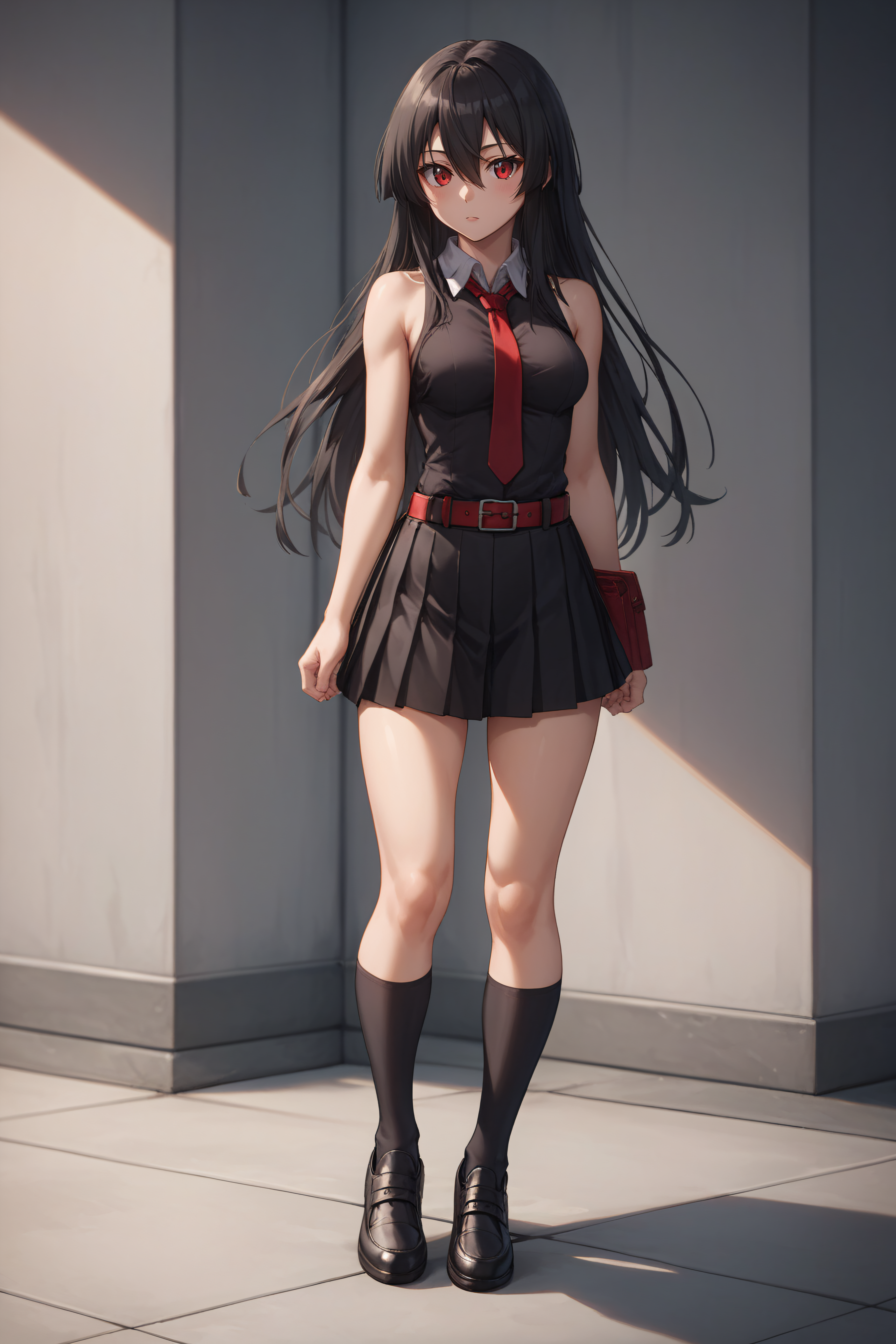 score_9, score_8_up, score_7_up, BREAK source_anime, <lora:akame-PonyXL:0.8> akame, red eyes, black hair, long hair, hair between eyes, medium breasts, black pleated skirt, black sleeveless shirt, bare shoulders, red necktie, red belt, black socks, black shoes, standing,
