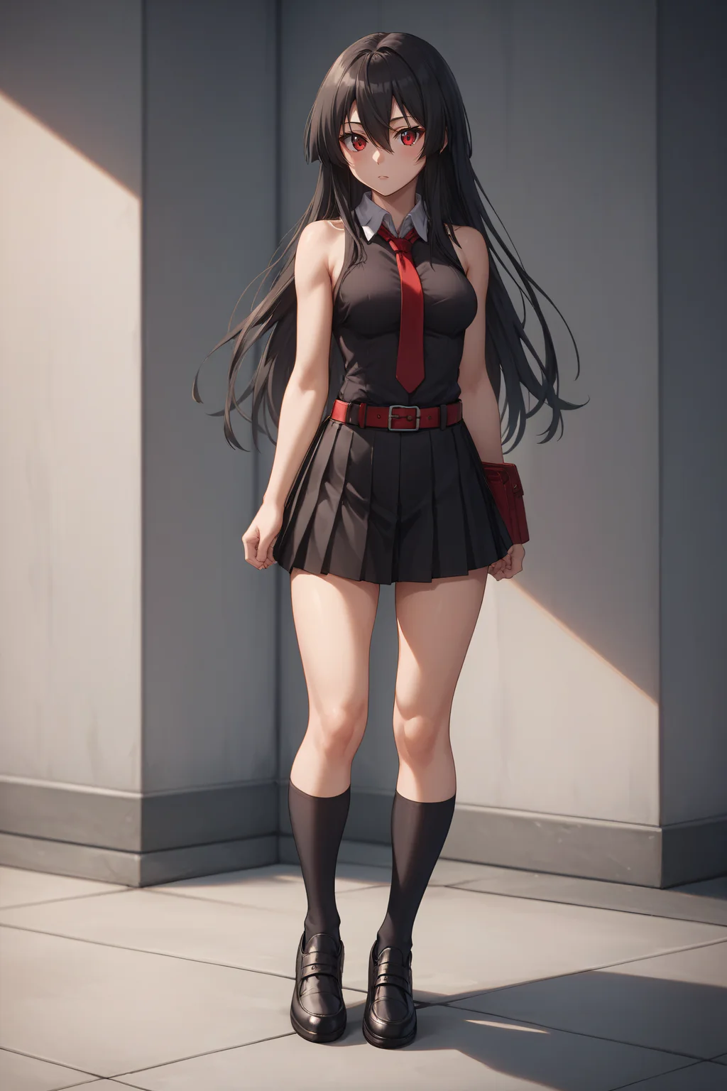 score_9, score_8_up, score_7_up, BREAK source_anime, <lora:akame-PonyXL:0.8> akame, red eyes, black hair, long hair, hair between eyes, medium breasts, black pleated skirt, black sleeveless shirt, bare shoulders, red necktie, red belt, black socks, black shoes, standing,