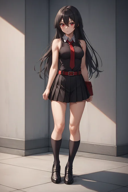 score_9, score_8_up, score_7_up, BREAK source_anime, <lora:akame-PonyXL:0.8> akame, red eyes, black hair, long hair, hair between eyes, medium breasts, black pleated skirt, black sleeveless shirt, bare shoulders, red necktie, red belt, black socks, black shoes, standing,