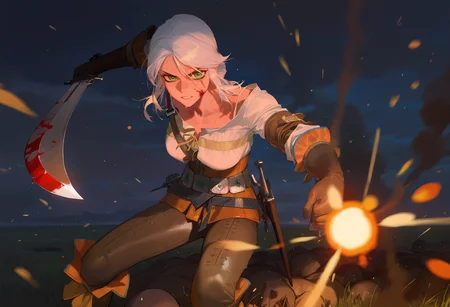 artist:ciloranko,artist:modare,artist:diyokama, best quality, amazing quality, very aesthetic, absurdres, best quality, masterpiece, newest,
1girl, ciri, white hair, green eyes,
scar across eye,
belt, leather gloves, leather pants, white shirt,
holding sword,
fighting stance, blood on face, blood on weapon, sweat,
blood splatter, incoming attack, looking at viewer, dark theme, foreshortening, motion blur, grasslands, battlefield, smoke, pile of corpses, fireball, catapult, raining, water, cloudy sky, embers, night, fighting <lora:CiriNoobXL_byKonan:1>