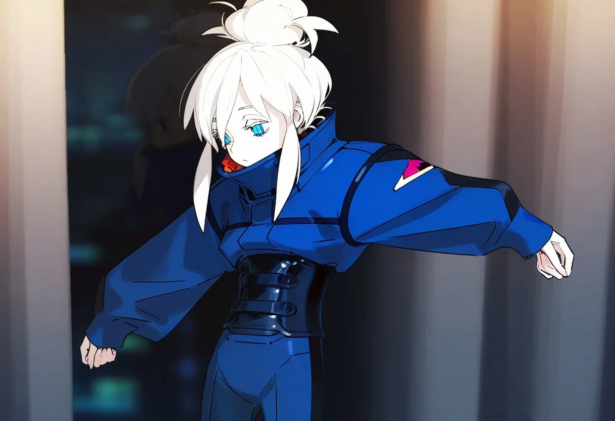 (by kukka:1.2), 1girl, solo,
gundam_gquuuuuux_deux_murasame, 1girl, solo, white hair, blue eyes, single hair bun, blue jacket, long sleeves, freckles
