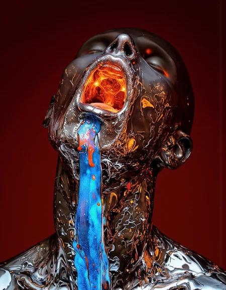 A close-up of the head and shoulders of a person with an otherworldly appearance, their bald head smooth and highly reflective like polished chrome silver metallic. Their skin gleams with a liquid-like sheen, mirroring light in a surreal, hyper-realistic manner. The head tilts back, mouth wide open in a silent scream or gasp. Within, the brain glows intensely in a fiery neon orange, its organic texture pulsating with an eerie, synthetic energy. A thick, iridescent cobalt-blue liquid drips from the personâs mouth, cascading down their metallic neck and pooling below. The background is a deep, intense crimson, creating a bold contrast against the gleaming silver body and the neon glow of the brain. Focused lighting accentuates the reflective surfaces and liquid elements, heightening the dramatic, futuristic aesthetic.