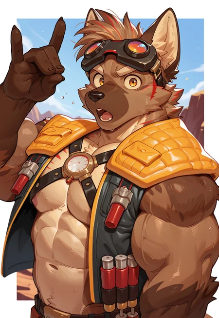 masterpiece, best quality, absurdres, newest, perfect quality, intricate details, haiz_ai, no lineart, no outline, m32c4l, solo, male focus, n1tro, furry male, goggles, vest, (three quarter view:1.3), (side view:0.3), upper body, :o, looking at viewer, fox shadow puppet, border, depth of field, dutch angle