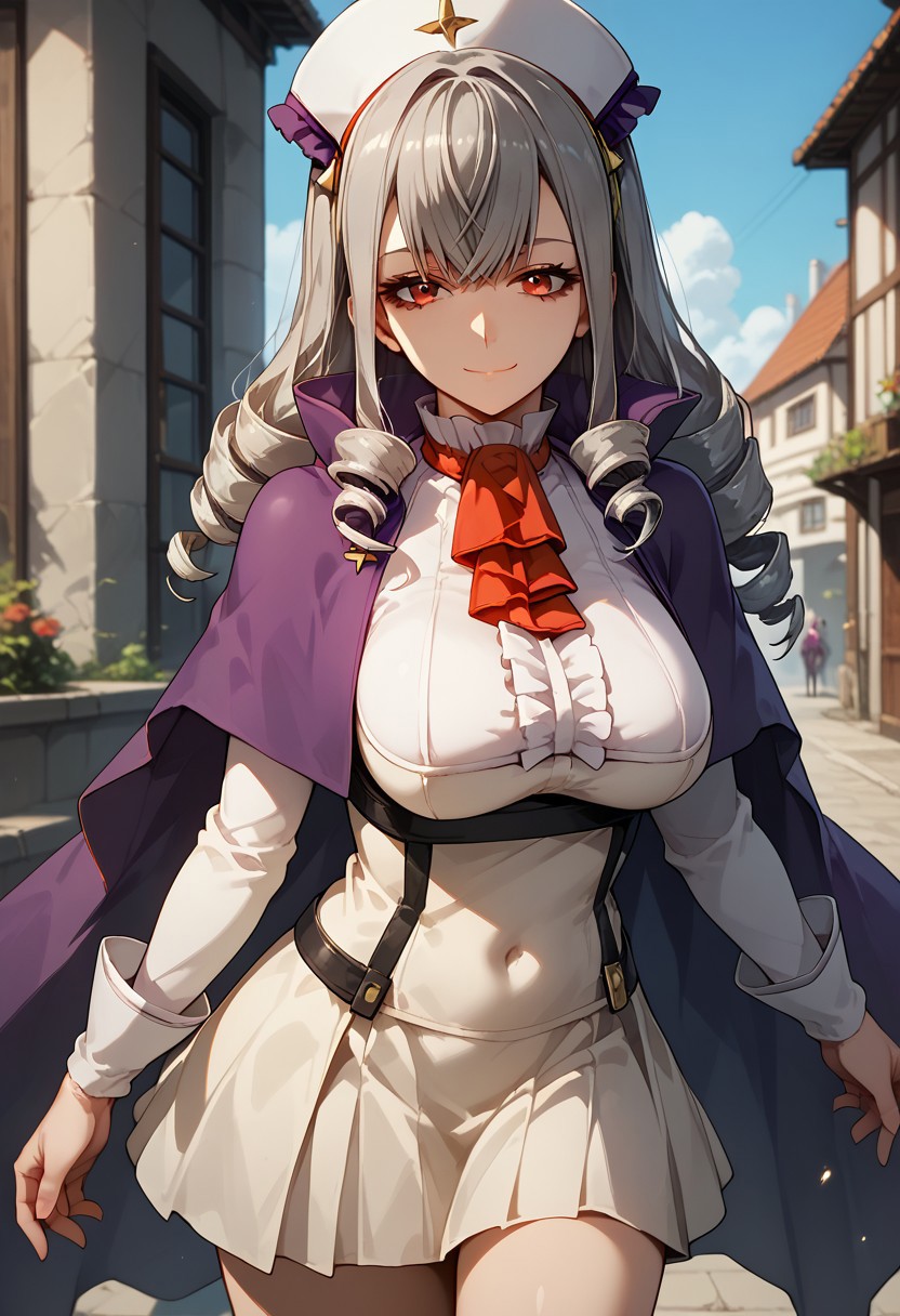score_9,score_8_up,score_7_up,source_anime, Sophia Keren,1girl, solo, long hair, breasts, looking at viewer, smile, bangs, large breasts, red eyes, long sleeves, dress, closed mouth, grey hair, outdoors, frills, cape, ascot, covered navel, drill hair, reaching towards viewer, purple cape