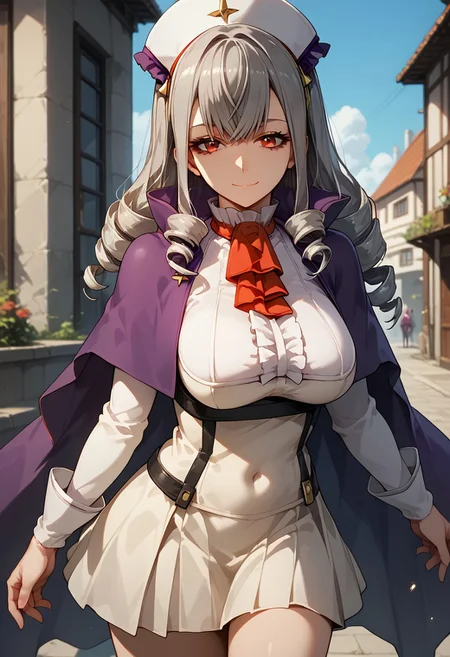 score_9,score_8_up,score_7_up,source_anime, Sophia Keren,1girl, solo, long hair, breasts, looking at viewer, smile, bangs, large breasts, red eyes, long sleeves, dress, closed mouth, grey hair, outdoors, frills, cape, ascot, covered navel, drill hair, reaching towards viewer, purple cape