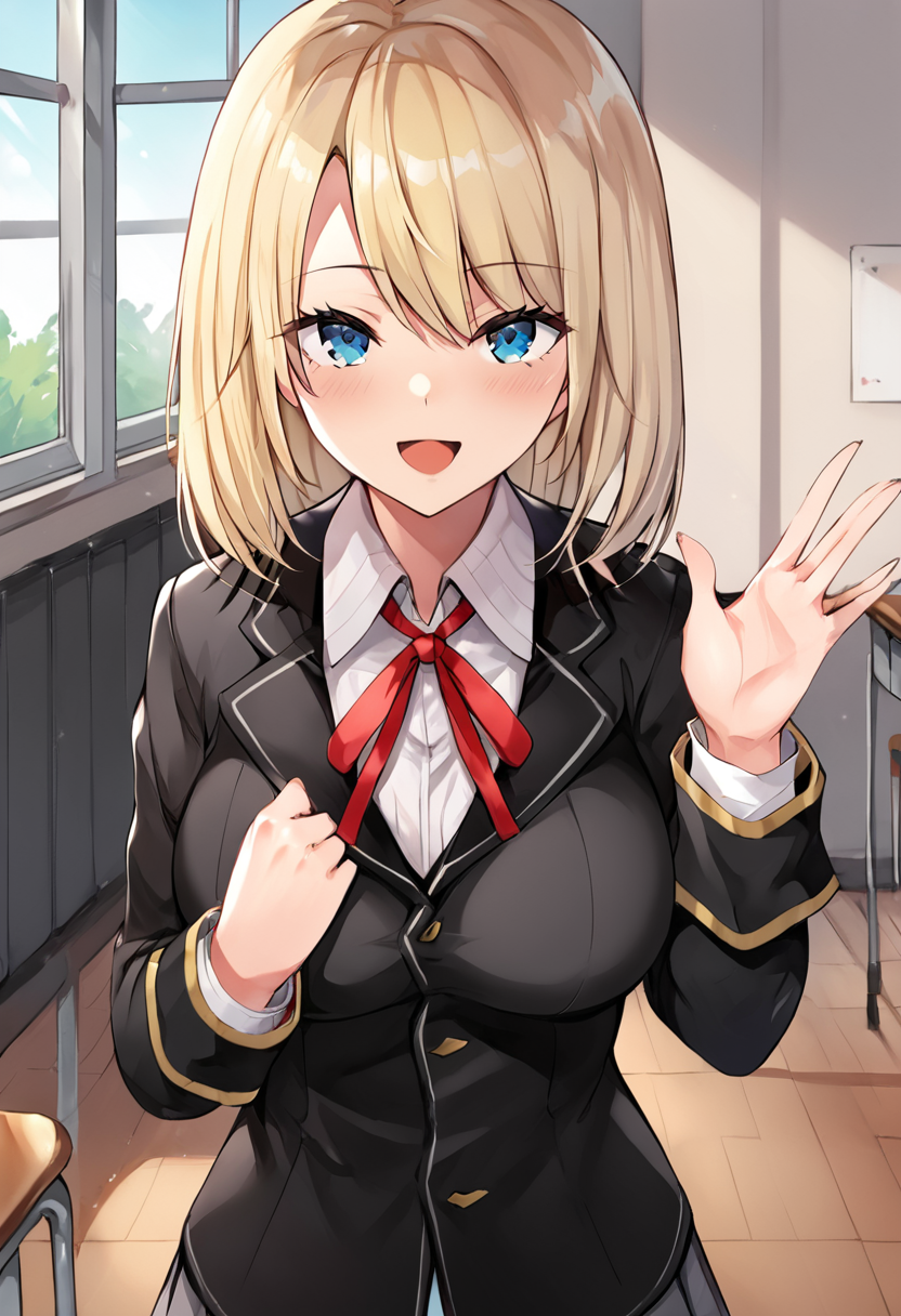 oliviambsk, blonde hair, medium hair, blue eyes, breasts, bangs, official art, looking at viewer, breasts, shirt, white shirt, school uniform, red ribbon, neck ribbon, ribbon, black jacket, collared shirt, red riboon , BREAK indoors, classroom BREAK cowboy shot, looking at viewer, standing,open mouth,  happy face , dynamic pose BREAK best quality, masterpiece,score_9, score_8_up, score_7_up, perfect hand, source_anime, rating_explicit, <lora:Olivia:0.8>