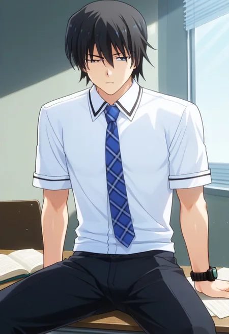 ((masterpiece)), ((best quality)), ((ultra-detailed)), ((absurdres)), score_9_up, score_8_up, score_7_up,
HD, top quality, best quality, amazing quality, High-quality illustrations, anime screencap, source_anime, best aesthetic, perfect proportions, perfect eyes, 1boy, 1male, solo boy, solo male, male focus, solo male focus, Anime, boy, male anime character, anime boy, handsome, cute, charming, sexy, good-looking, ((mature appearance, adult male appearance)), Yuuji Kazami, black hair, ((black eyes, tsurime eyes)), ((white collared shirt, short sleeves, blue necktie, black watch on left wrist, black pants)), ((plain shirt, untucked shirt, loose shirt)), ((tall body, tall height)), ((lean body, slim body)), ((inside of japanese school, morning, sunrays)), ((sitting on a school chair)), ((reading a book)), ((serious 
expression)), easynegative, updn, Expressiveh, masterpiece, best quality, very aesthetic, absurdres