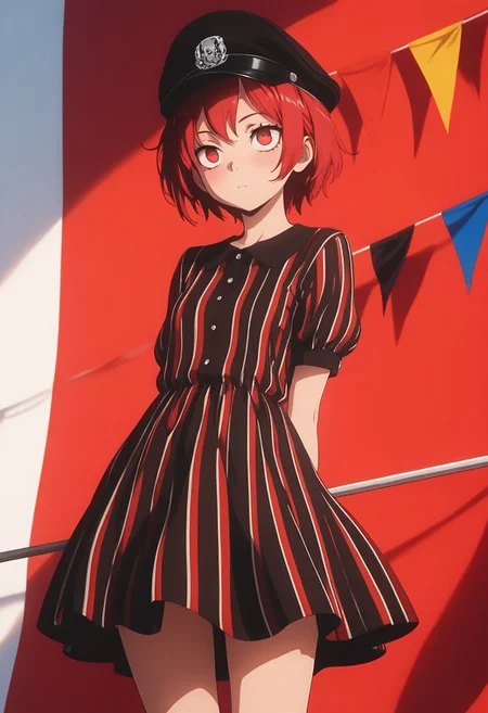 masterpiece, best quality, amazing quality, LDSCH, aesthetic, 1girl, solo, dress, short_hair, red_hair, striped, hat, flag, arms_behind_back, red_eyes, string_of_flags, standing, pennant