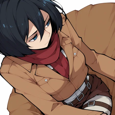 1girl, solo,
Mikasa Ackerman, Attack on Titan, , 
 simple background, white background, (from above :1.3) shy  relaxed  pose, (sitting , looking away ,
,
 <lora:DarkfireStyle19:1.25>