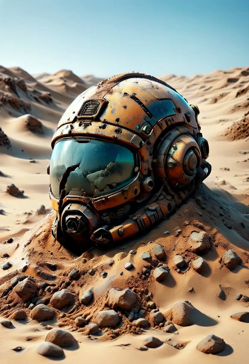 ultra high resolution, masterpiece, best quality, a sci-fi , in the desert, A rusty and broken retro space helmet partially buried in the sand, in the style of hyper realistic photography. evi@decrepPunk,ais-buriedz
