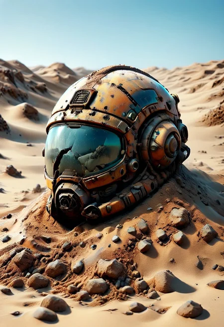 ultra high resolution, masterpiece, best quality, a sci-fi , in the desert, A rusty and broken retro space helmet partially buried in the sand, in the style of hyper realistic photography. evi@decrepPunk,ais-buriedz