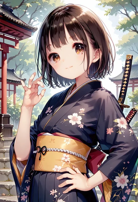 score_9, score_8_up, score_7_up, 1girl, YukiuCP, masterpiece, best quality, ultra high res, smiling, happy, (detailed eyes:1.2), 1girl, solo, japanese clothes, short hair, weapon, sword, brown eyes, looking at viewer, kimono, brown hair, lips, hand on hip, sheath, smile, katana, black hair, upper body, closed mouth, sheathed, hand up <lora:nobu-1:1>