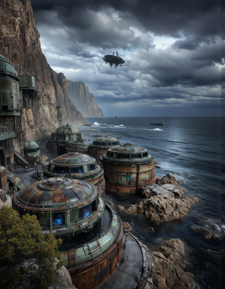 By Brandon Le. A photo-realistic shoot from a bird's eye view about a futuristic cityscape with large, circular structures and a rocky cliff overlooking the ocean. the scene is set at night, with a dramatic sky filled with dark clouds and a distant ship in the distance. on the left side of the image, there are several large, rusted, green, cylindrical structures with glowing blue windows, situated along the rocky shoreline. The structures appear to be futuristic, with intricate details and a metallic sheen, giving off a sci-fi aesthetic. the structures are arranged in a grid-like pattern, with some overlapping each other, creating a sense of depth and dimension. in the background, a large, rocky cliff stretches out into the horizon, with the ocean stretching out in front of it. the sky is filled with a mix of blues and purples, adding to the dramatic lighting effect of the scene. the overall atmosphere is one of awe and wonder, as if the viewer is captivated by the vastness of the city below.