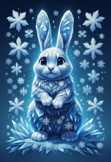 score_9, score_8, score_7, 1ce, ice, animal, hare, bunny, blue theme, snowflakes,
