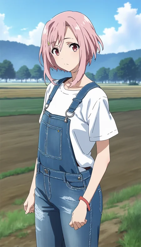 score_9,score_8_up,score_7_up,
<lora:yoshinokoharu>,yoshinokoharu,
1girl,solo,pink hair,short hair,bangs,red eyes,looking at viewer,closed mouth,(blue denim overall:1.1),white shirt,cowboy shot,arms down,
outdoors,morning,summer,rolling hills,tree,fields,blue sky,cloud,
