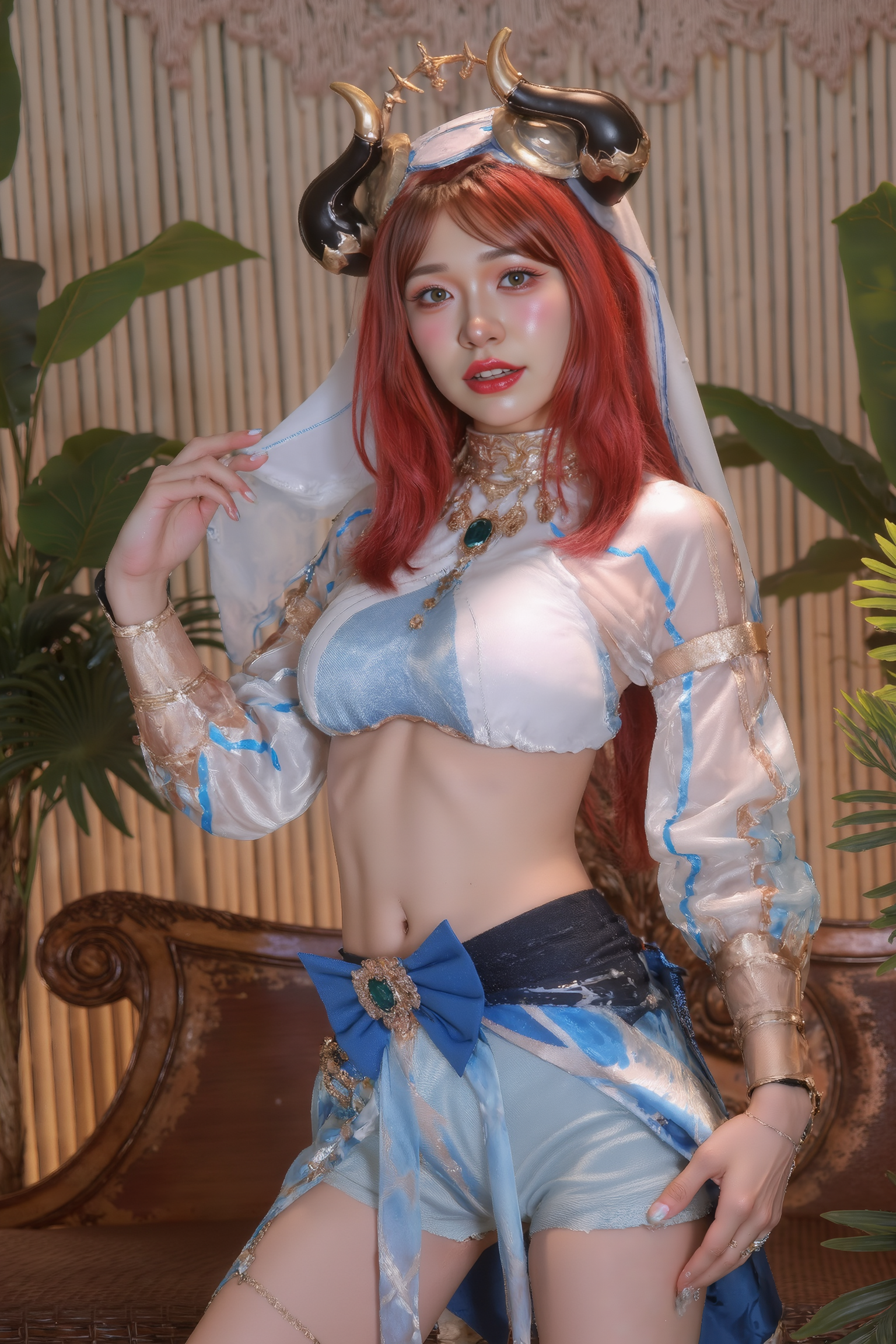 Professional portrait capturing a young woman standing tall with hands gracefully resting on her hips. Her posture is strong yet feminine, with a gentle bend in one knee adding dynamic lines to her silhouette. Soft, directional lighting highlights the contours of her figure, showcasing poise and strength.

She is wearing a blue and white SGWN59Clothing with horns. Her makeup is dramatic, with dark eyeliner and bold, glossy pink lips. 

The lighting features a high-contrast, monochromatic white color scheme that creates a moody, intimate atmosphere. 

The photography technique uses what appears to be soft lighting to create a glamorous effect, with careful attention to highlighting contours while maintaining the dominant light brown color scheme throughout the frame.

The overall aesthetic combines elements of fashion photography, traditional Asian visual motifs, and contemporary boudoir styling. The dramatic light brown lighting creates a cohesive visual theme that ties all elements of the composition together.

The white light emit on her to show her feature.