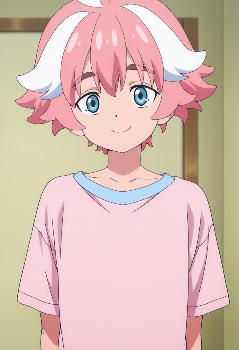 masterpiece,best quality,amazing quality, source_anime,
ItsukiMitsutagawa, 1boy, male focus, solo, blue eyes, multicolored hair, pink hair, white hair, t-shirt, pink shirt, indoor, smile,