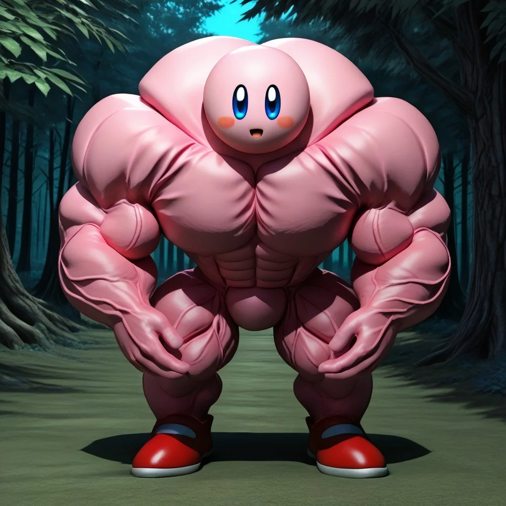 score_9,rating_safe,mydaz,solo,1kirby,no humans,Kirby, dark blue eyes, pink body, blush, red shoes,outdoors,forest,hypermuscular