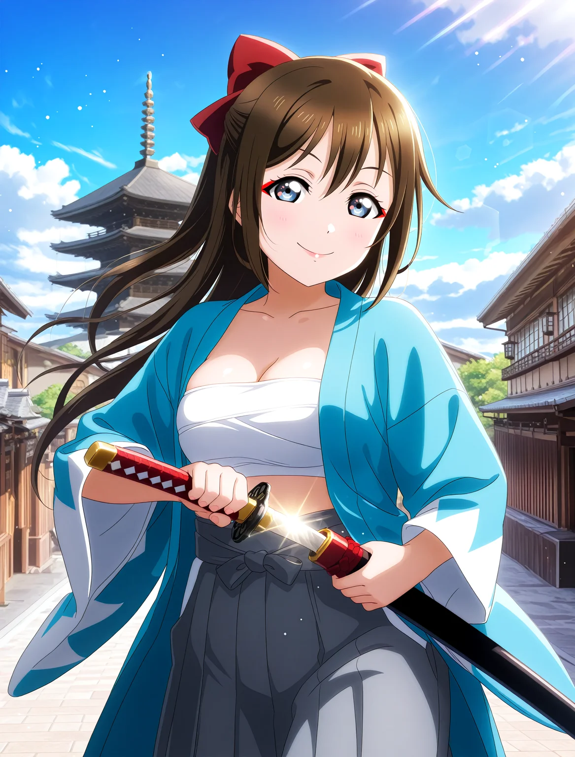 <lora:Koto-Umi-Riko-Shizu-Setsu-LLAS-IllustriousXLV01-V1:1> <lora:sdxl-boldline:-1.5>
<lora:Yasakanoto-IllustriousXLV01-V1:1>
(llas:1.4), (masterpiece, very aesthetic, absurdres:1.4), best quality, newest, perfect anatomy, perfect lighting, anime coloring BREAK
(sparkle, light particles:0.6), light rays, rim lighting, (depth of field, blurry background) BREAK
1girl, solo, looking at viewer, cowboy shot BREAK
osaka shizuku, hair bow, okita souji \(fate\) cosplay, sarashi, shinsengumi, blue haori, grey hakama skirt, katana, (unsheathing:1.2) BREAK
big pupils, (detailed eyes:1.2), large breasts, narrow waist, curvy, cleavage, shiny skin, lips, red eyeshadow, smile, closed mouth BREAK
(yasaka pagoda, hokanji temple, kyotogion road), pavement, day, blue sky, cloudâââ