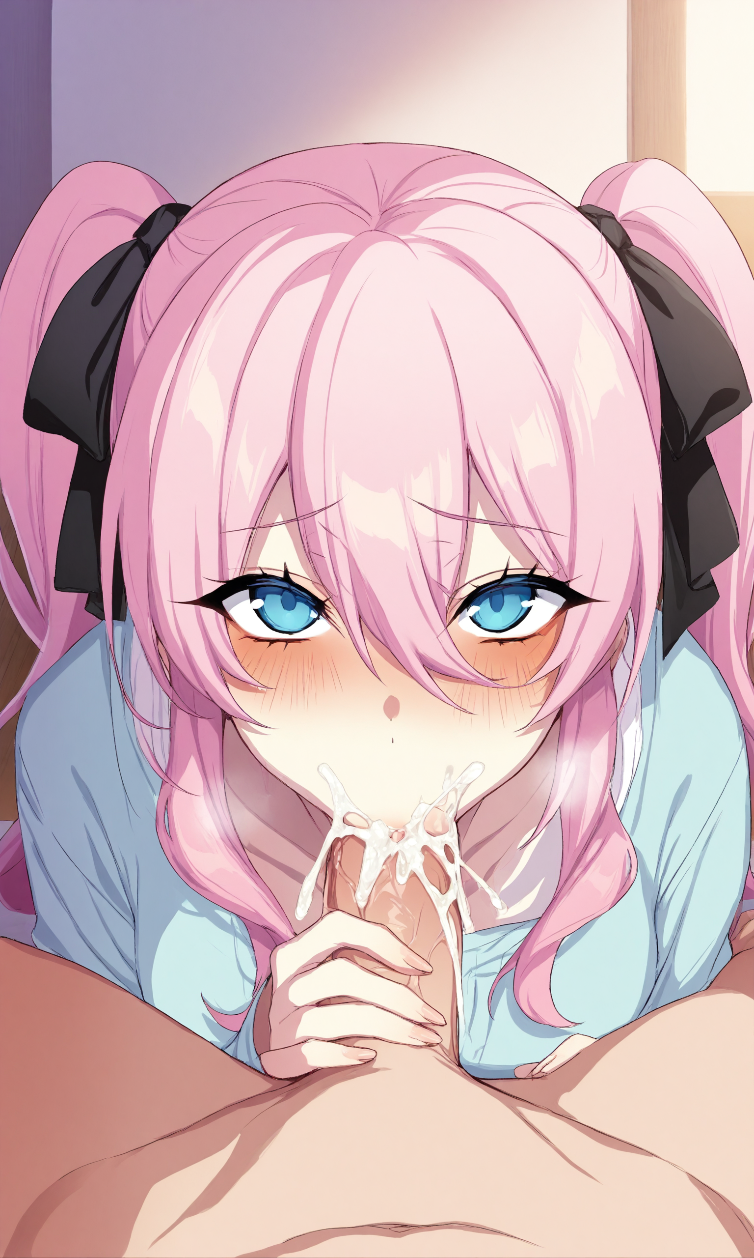 masterpiece, best quality, high resolution, absurdres, 1girl, punopustyle, pink_hair, twintails, looking_at_viewer, fellatio, 1boy, hetero, pov, cum, ejaculation, blush,