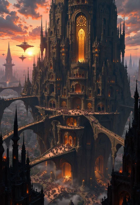Sharn, the City of Towers, rises dramatically from the landscape, a sprawling metropolis of towering, interconnected spires that stretch high into the clouds. Each tower is a blend of sleek, dark stone and enchanted metals, adorned with glowing magical runes and intricate carvings that reflect the city’s deep history and arcane power. Bridges of various sizes crisscross between towers, creating a web of pathways filled with bustling citizens, exotic traders, and mystical creatures. Airships hover in the air, docking at various levels, their golden lights illuminating the fog that drifts lazily through the upper levels of the city. Below, the lower quarters are cast in shadow, filled with narrow alleyways, hidden bazaars, and flickering torchlight. The skyline is alive with a blend of warm and eerie hues as the sun dips beneath the horizon, casting Sharn in an otherworldly glow. The atmosphere pulses with energy, mystery, and the promise of adventure around every corner in this magnificent, vertical cityscape. masterpiece, maximum image detail, 8K high definition, intricate architecture, magical city, glowing runes, airships, enchanted metal, dense cityscape, vibrant sunset, foggy atmosphere, bridges and pathways, epic fantasy setting, ultra-realistic