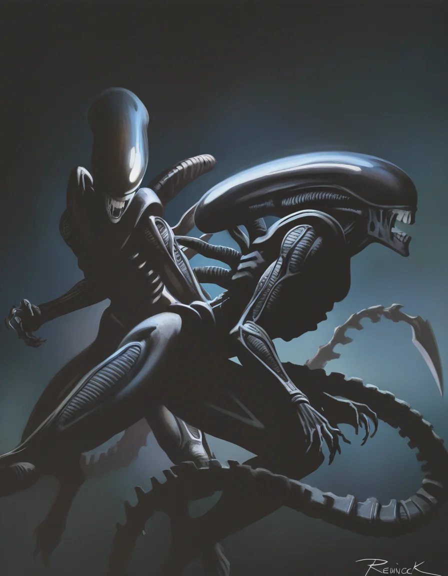 by reznicek, xenomorph, action-pose, from-side ,by reznicek, newest, masterpiece, best quality, absurdres, highres